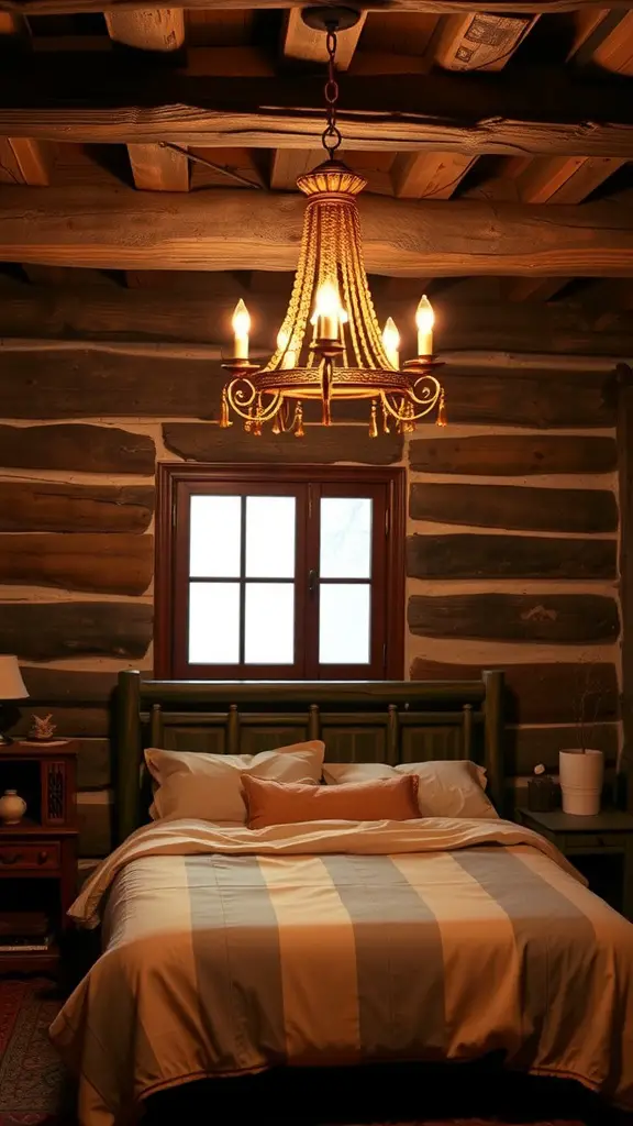 Cozy bedroom with a rustic chandelier and wooden beams
