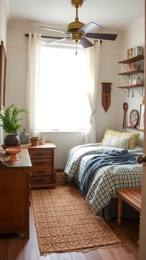 A cozy rustic bedroom featuring a wooden bed, vintage decor, and earthy tones.