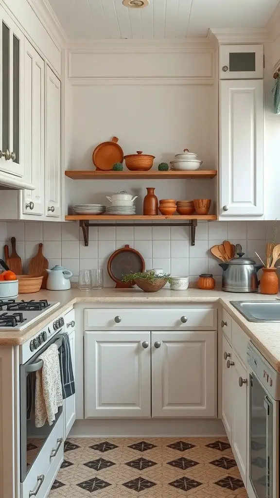 A cozy kitchen with white cabinets and rustic wooden shelves displaying vintage kitchenware.