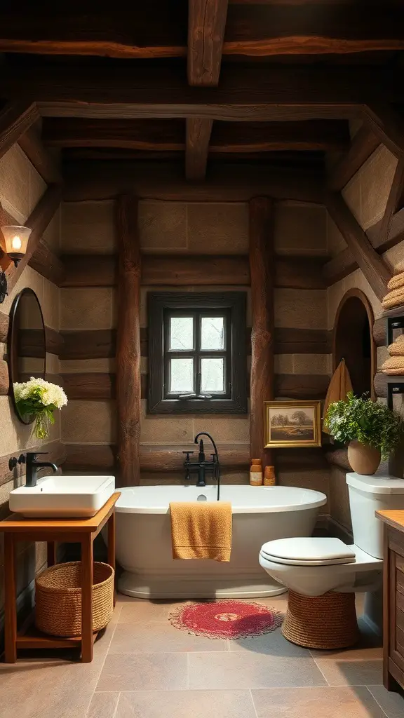 A rustic bathroom featuring chocolate brown tones with wooden beams, stone walls, and cozy decor.