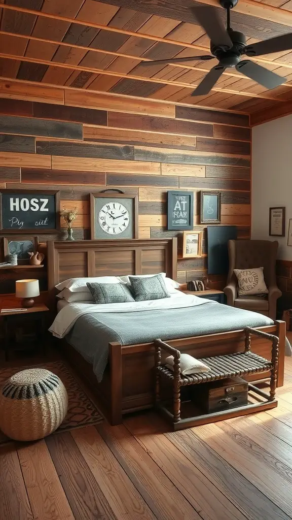 Cozy master bedroom with wood-paneled walls and rustic decor