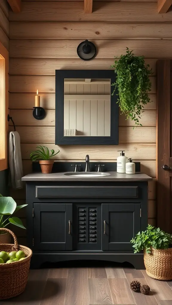 A rustic bathroom featuring a dark chocolate vanity, wooden walls, and decorative plants.
