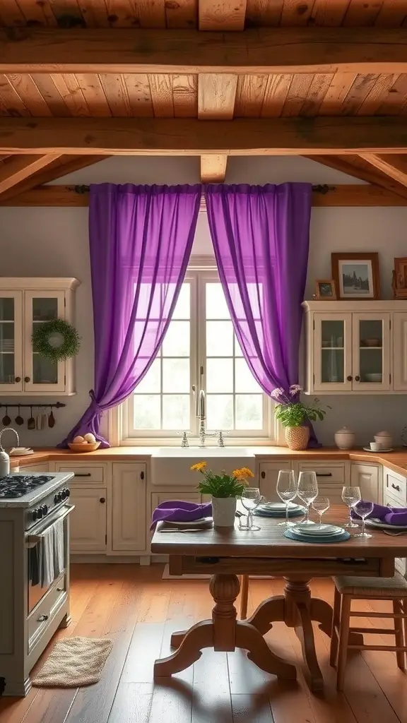 A rustic farmhouse kitchen with wooden beams and purple curtains, featuring a central wooden table set for a meal.