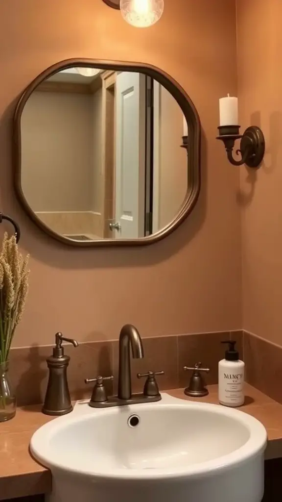Rustic bathroom fixtures including a vintage faucet and a cage light.