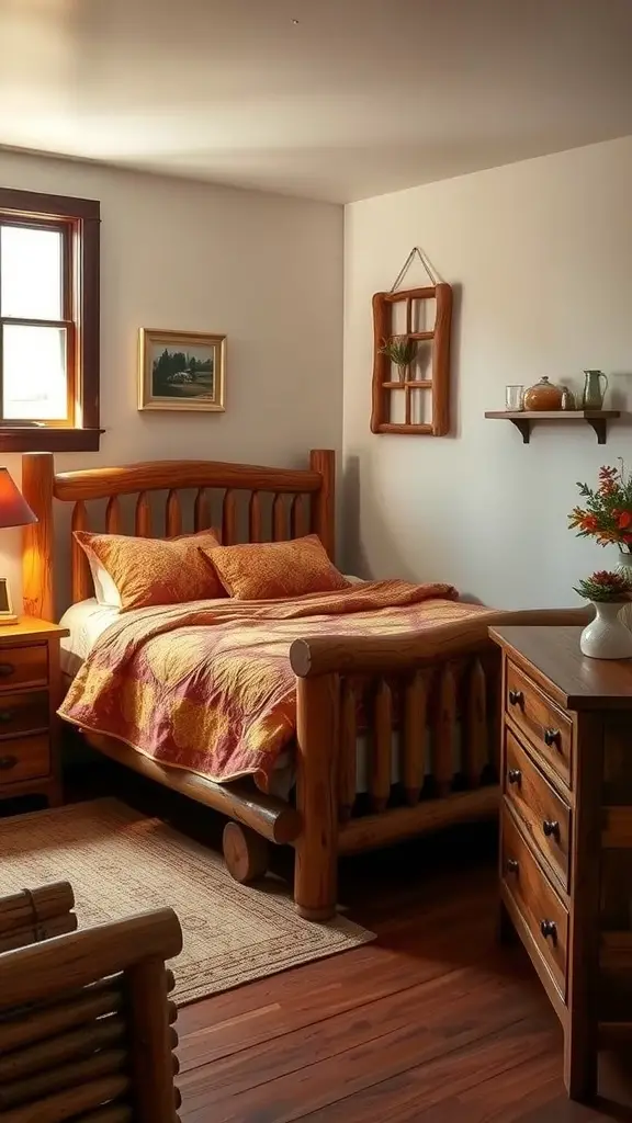 Cozy bedroom featuring rustic wooden furniture, a quilt on the bed, and warm lighting.