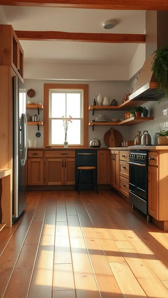 Modern kitchen with rustic hardwood flooring, wooden cabinets, and open shelving