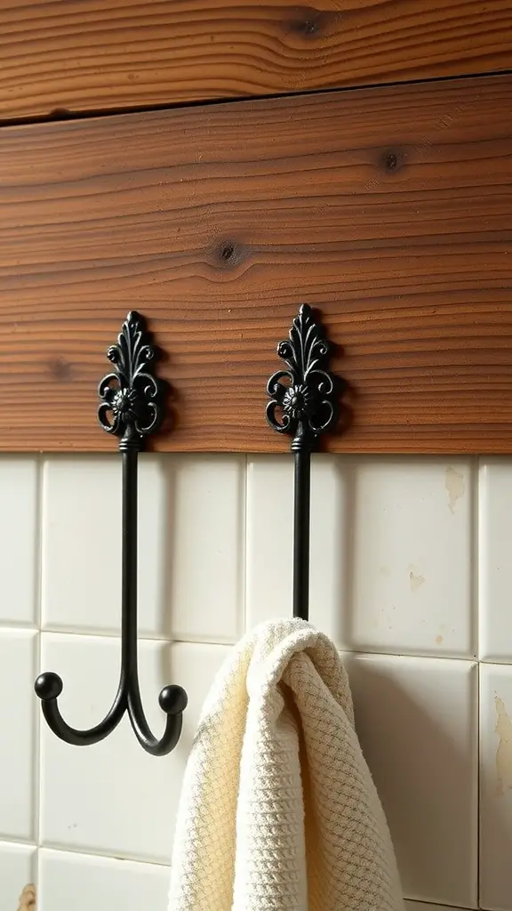 Rustic iron towel hooks on a wooden panel with a white towel hanging