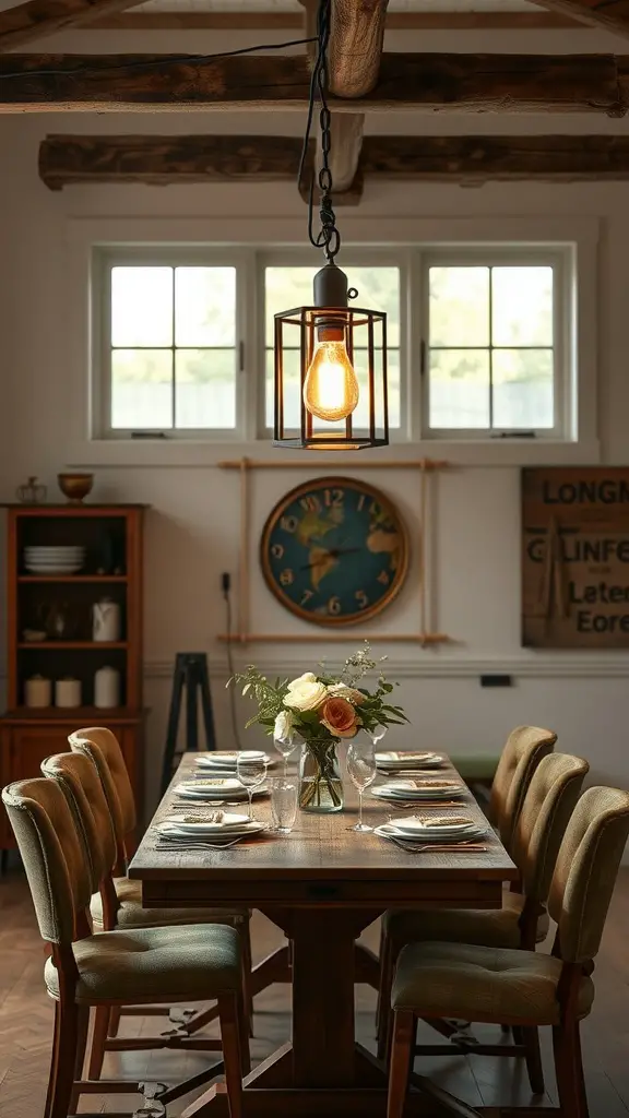 A rustic pendant light hangs over a wooden dining table set with dishes and flowers.