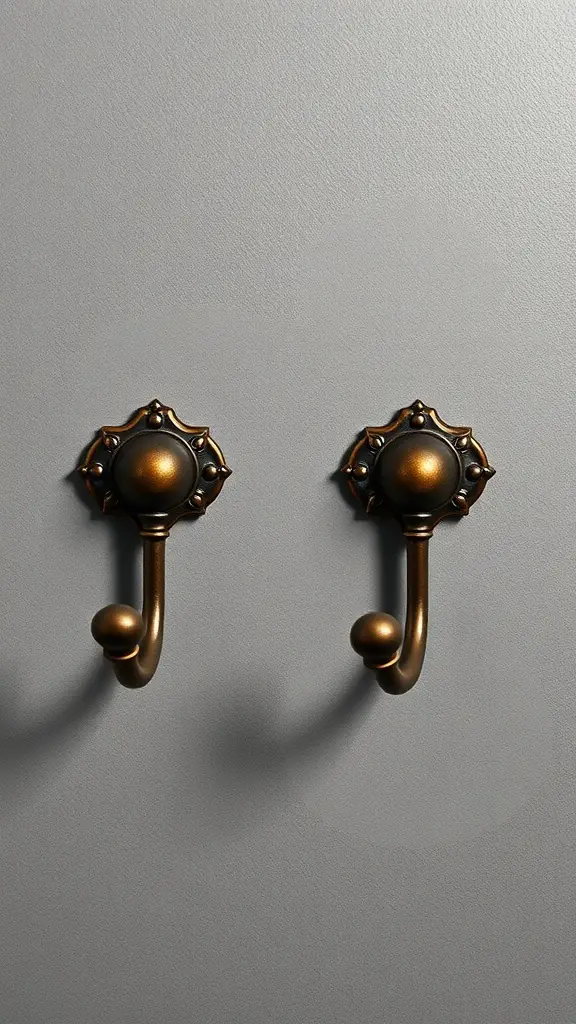 Two rustic bronze towel hooks on a gray wall.
