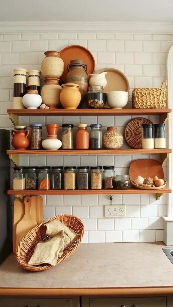 Rustic open shelving displaying various kitchenware and decorative items.