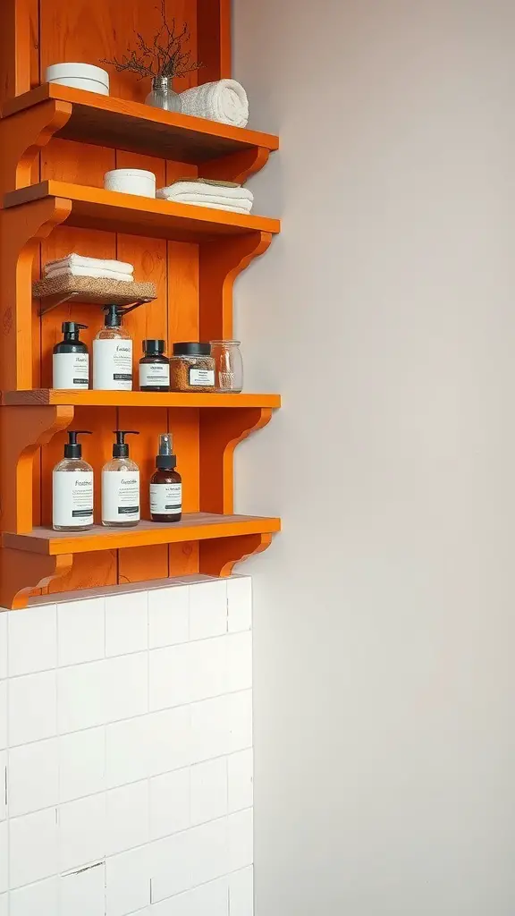 Rustic orange wood shelving in a bathroom with white tiles, displaying towels and toiletries.