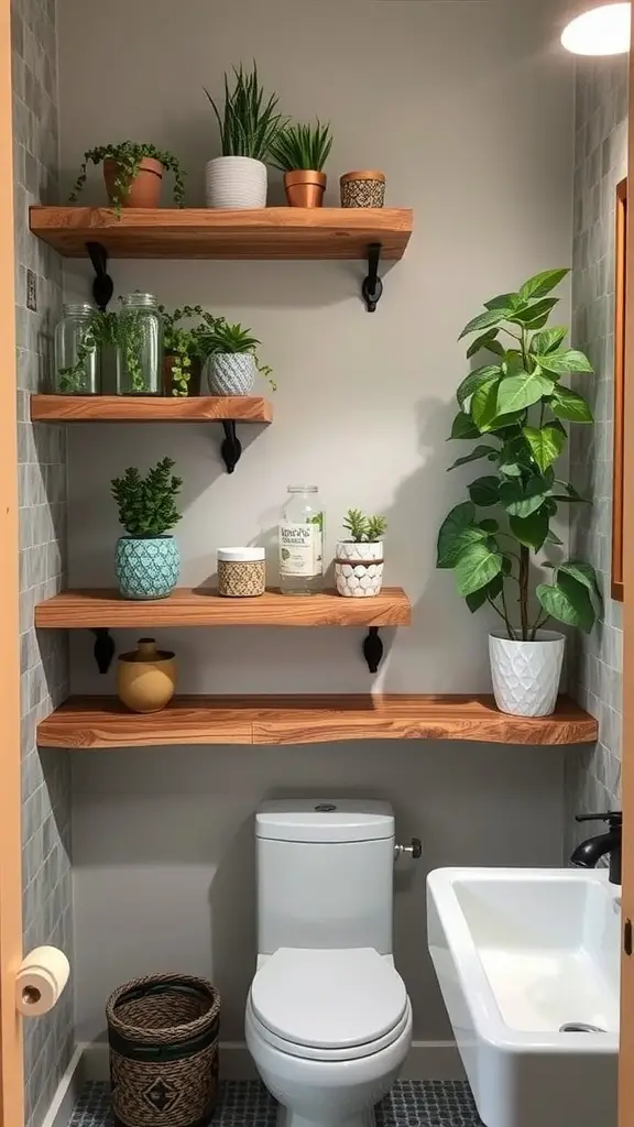 Rustic bathroom with wooden shelves and plants