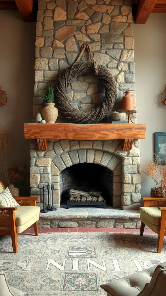 Cozy living room with a rustic stone fireplace, wooden mantel, and natural decor accents.