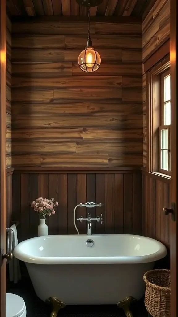 A rustic bathroom with terracotta tiles, a white bathtub, and wooden accents.