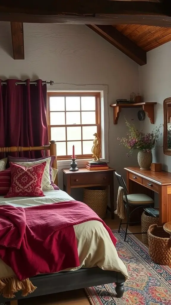 A cozy bedroom featuring garnet textiles, wooden furniture, and an earthy patterned rug.