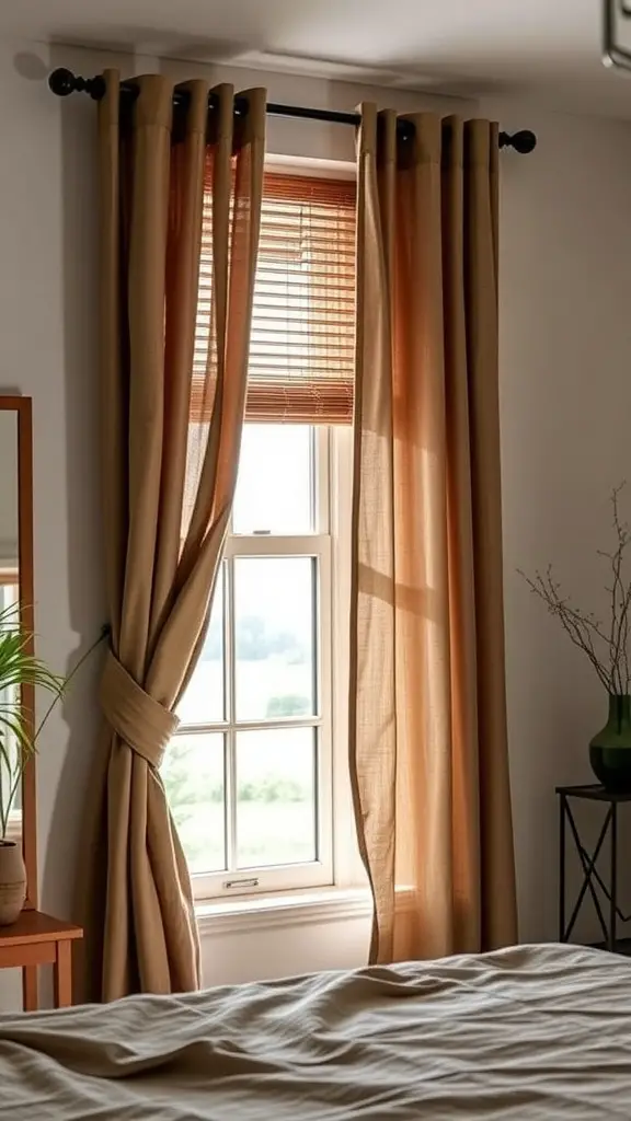 Rustic window treatments featuring soft, natural-toned curtains and wooden blinds in a cozy bedroom setting.