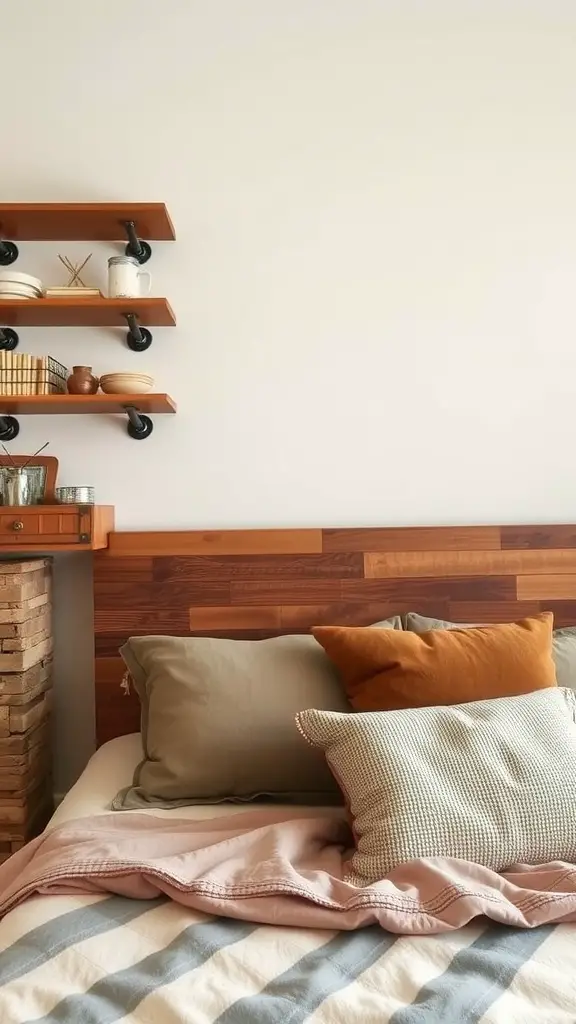 A stylish bedroom featuring a wooden headboard, floating shelves, and an assortment of pillows in a cozy arrangement.