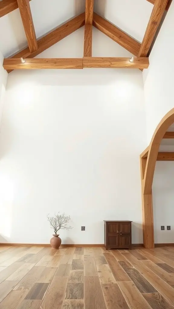 Interior view of a room with rustic wood beams in the ceiling, featuring a minimalist design and wooden flooring.