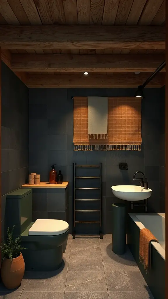 Bathroom with rustic wood beams on the ceiling