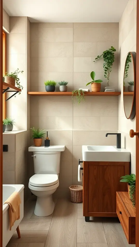 A modern bathroom featuring rustic wood elements with wooden shelves and cabinetry, complemented by various green plants.