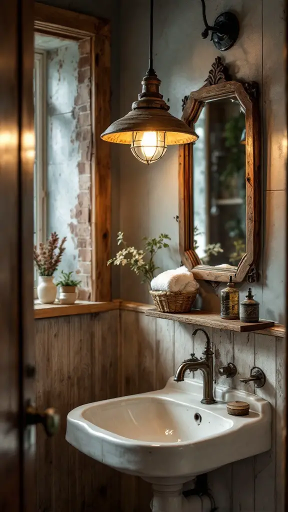 A rustic wood pendant light hanging above a sink in a stylish bathroom.