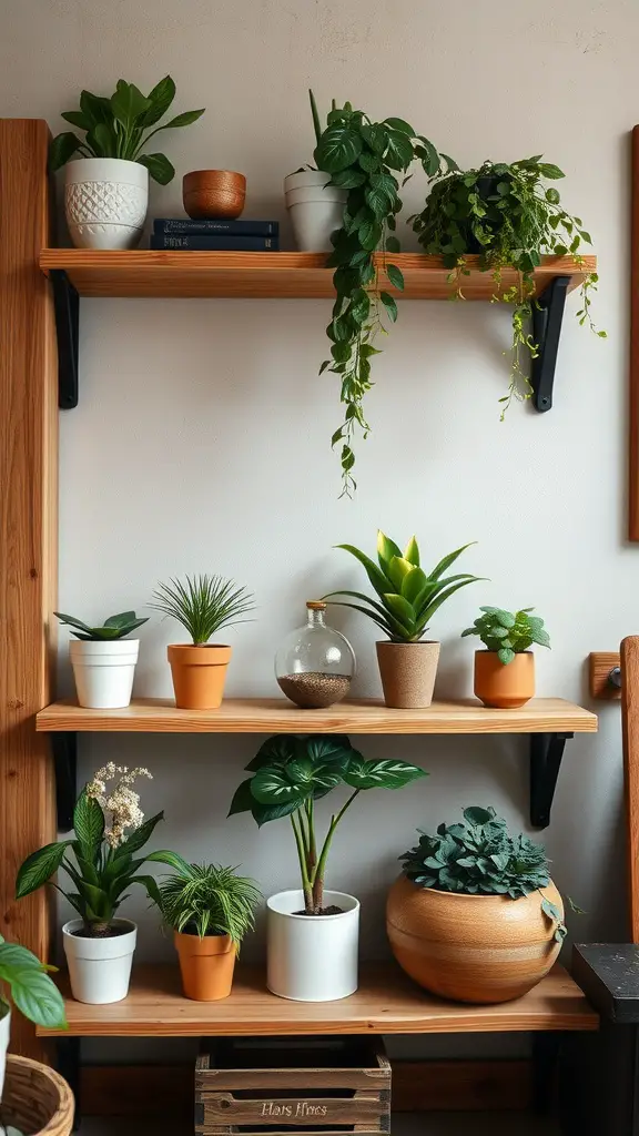 Wooden shelves with various green plants in pots, displaying a cozy and rustic decor style.
