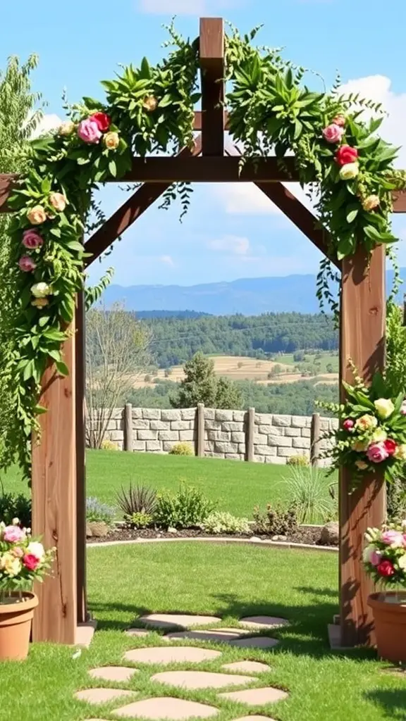 A rustic wooden arch decorated with flowers and greenery in a backyard setting.