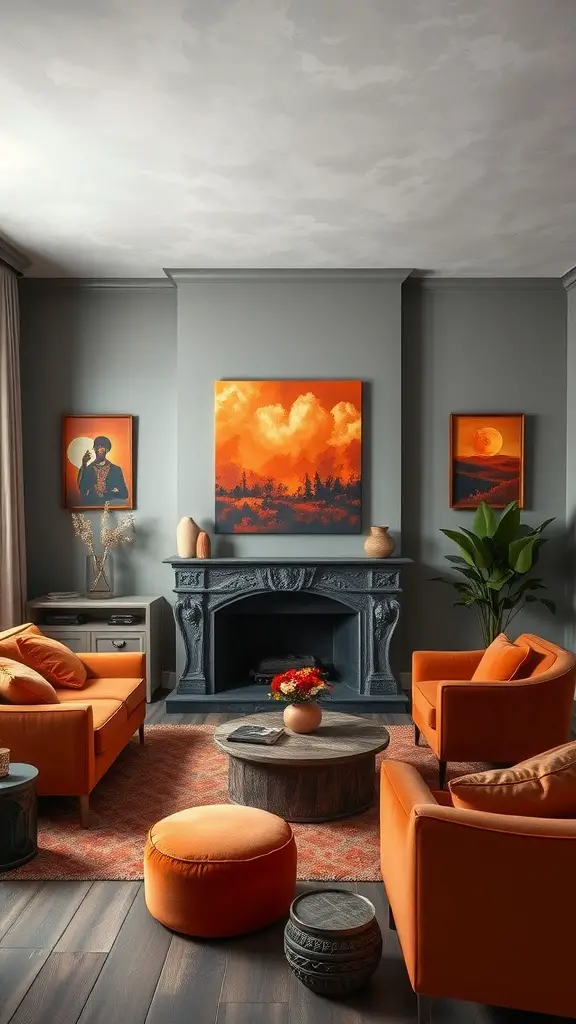 A living room featuring rusty orange chairs and cool gray walls, with artwork and decorative elements in a cozy setting.