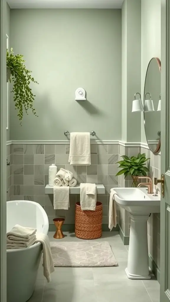 A serene bathroom featuring sage green tiles, towels, and a plant, creating a calming atmosphere.