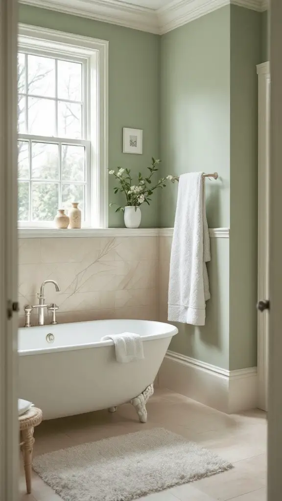 A soothing bathroom featuring sage green walls and soft beige tiles, with a modern bathtub and natural decor.