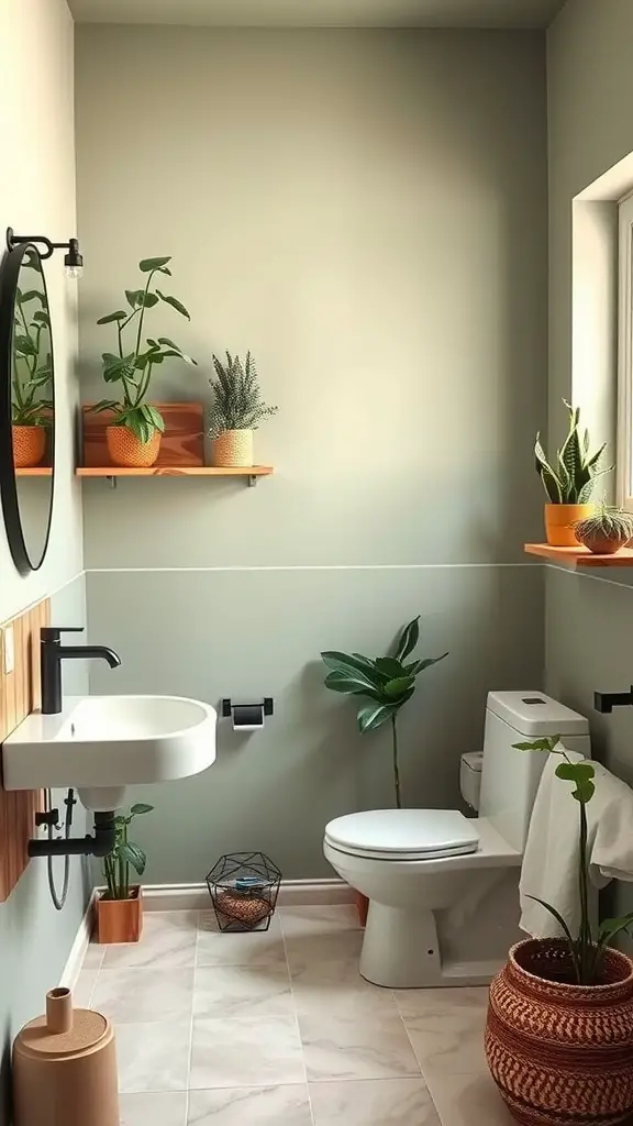 A bathroom with sage green walls, plants, and minimalist fixtures