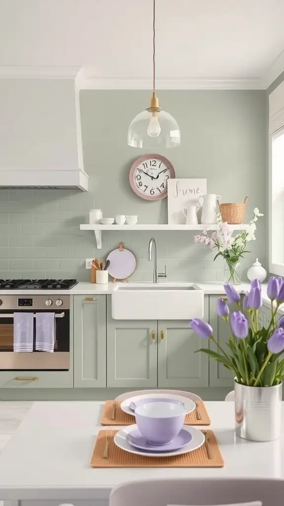 A kitchen with sage green walls, lavender accents, and modern appliances