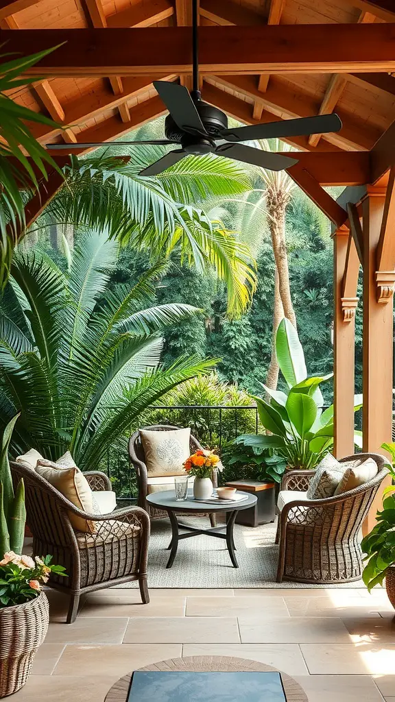 A cozy outdoor seating area featuring sandy brown wicker chairs with cream cushions and lush green plants surrounding a small table.