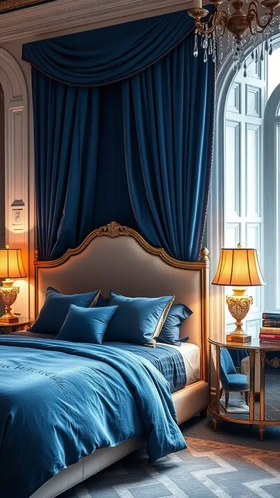 A luxurious bedroom featuring sapphire-inspired bedding and elegant decor