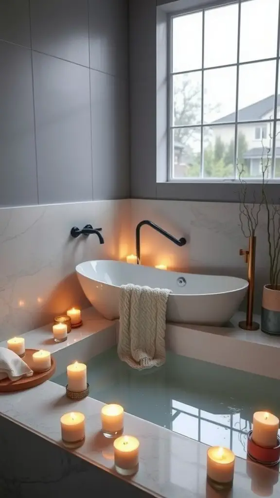 Cozy spa bathroom with a bathtub surrounded by various scented candles and soft lighting.