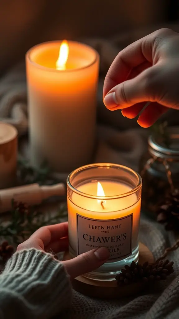 A hand holding a scented candle with a warm flame, next to another glowing candle, set in a cozy atmosphere.