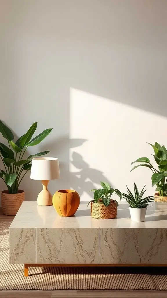 A cozy living room featuring a sculptural table lamp in earthy tones, surrounded by plants and natural decor.