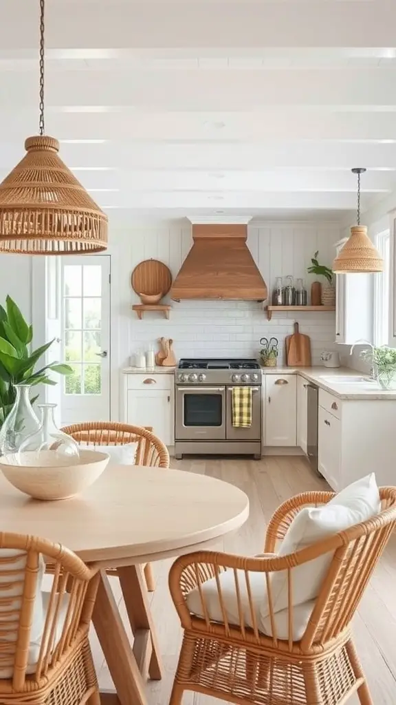 A bright beach house kitchen featuring rattan furniture and wooden accents, creating a cozy atmosphere.