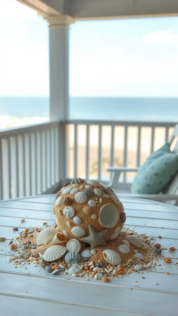 A seashell centerpiece on a white table with a view of the ocean