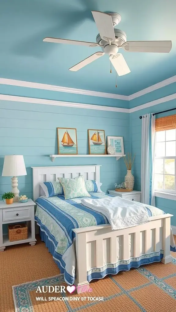 A serene seaside-themed bedroom with blue walls, cozy bedding, and natural light.