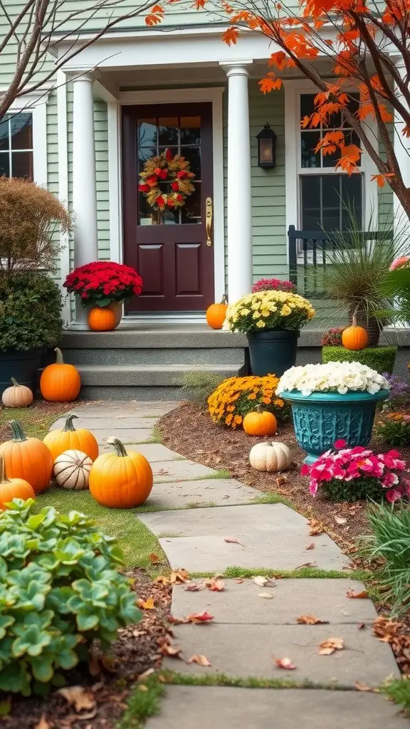 A cozy front entrance decorated with pumpkins, colorful flowers, and a wreath, showcasing autumn charm.