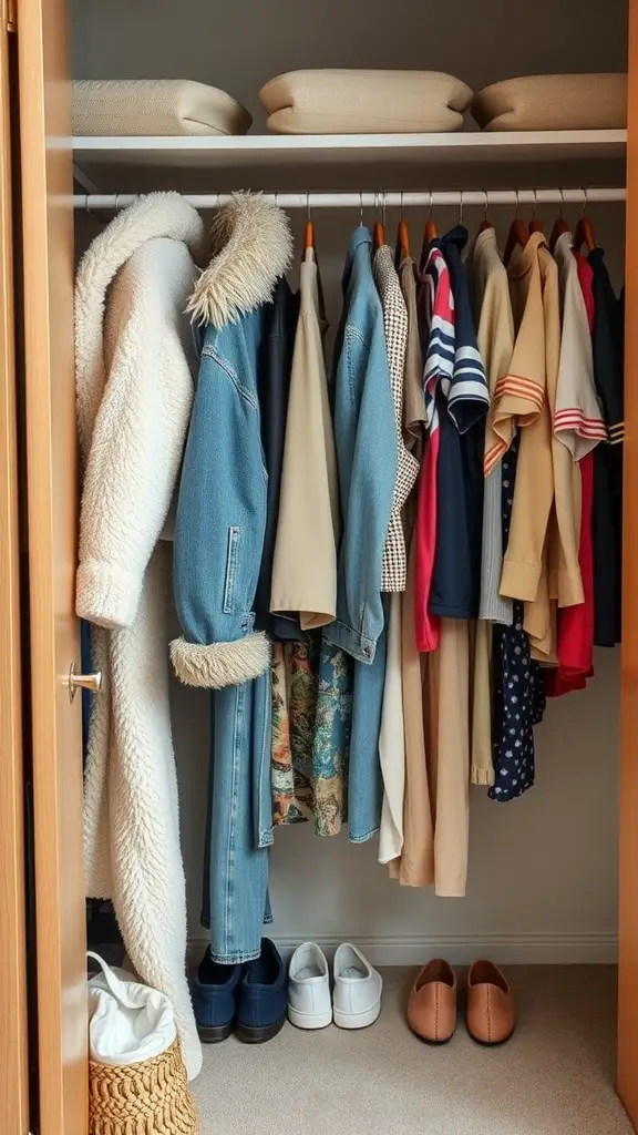 A neatly organized closet with seasonal clothing on hangers and folded items on a shelf.