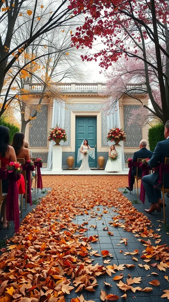 A beautiful autumn wedding ceremony with colorful leaves, floral arrangements, and a couple at the altar.