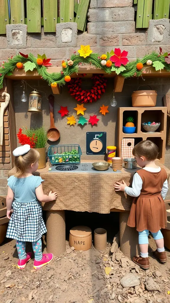 Children playing at a mud kitchen decorated with autumn leaves and seasonal decor.