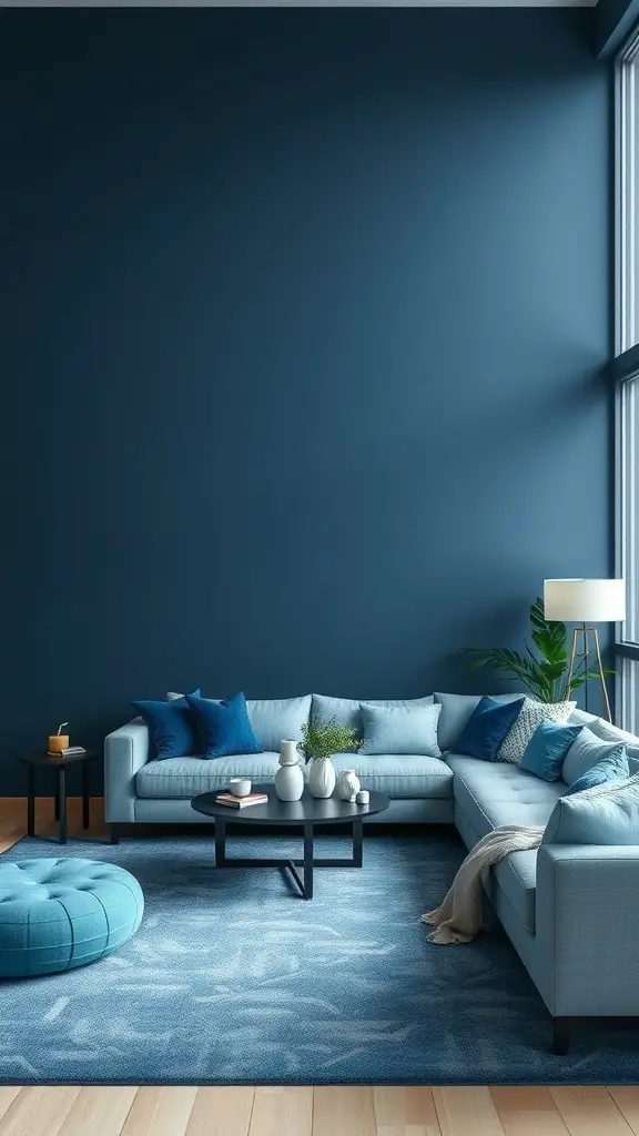 A serene living room featuring blue gradient decor with a deep blue wall, light blue sofa, and a plush blue rug.