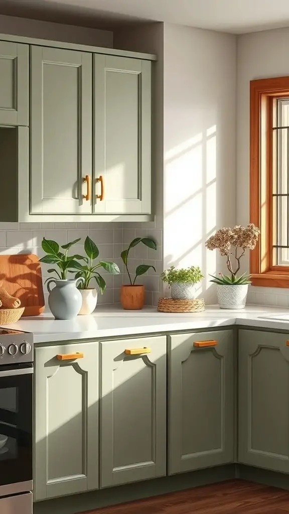 A kitchen featuring serene sage green cabinets, with sunlight streaming in and plants on the countertop.