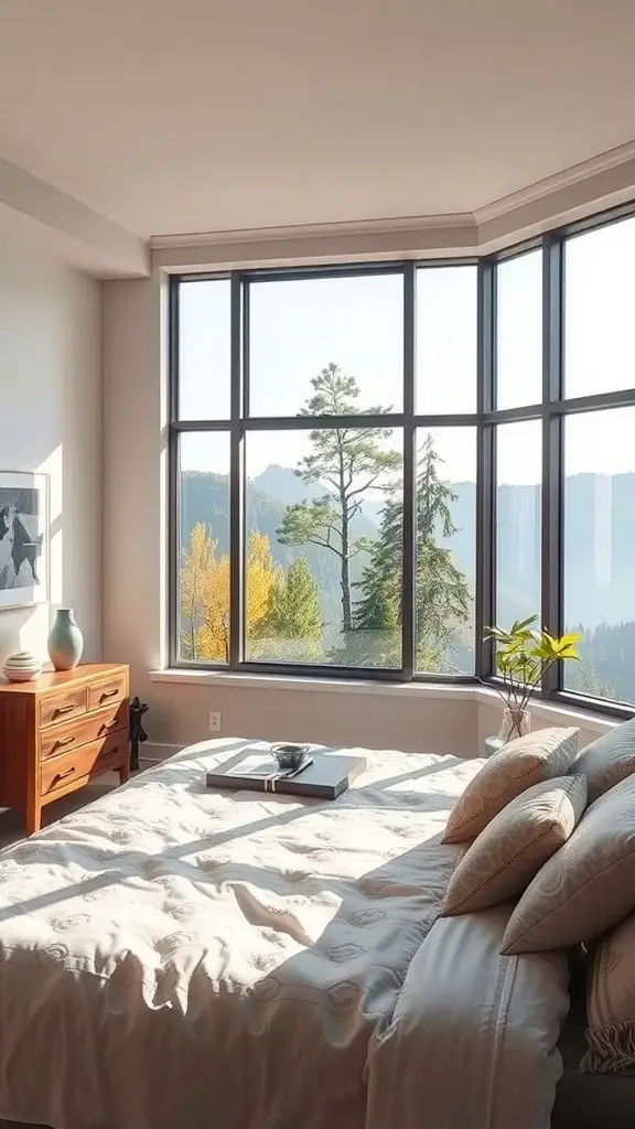 A serene bedroom with large windows offering a view of trees and mountains.
