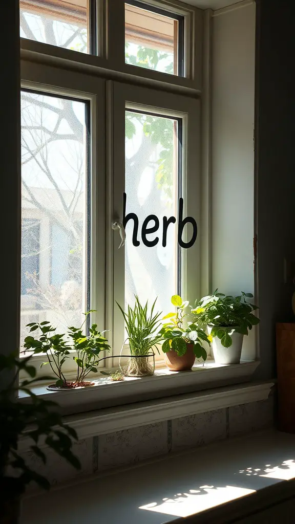 A window sill with potted herbs and plants in terracotta pots, illuminated by sunlight.
