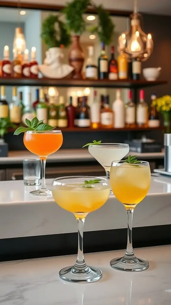 A display of colorful signature cocktails on a bar counter, featuring mint garnishes.