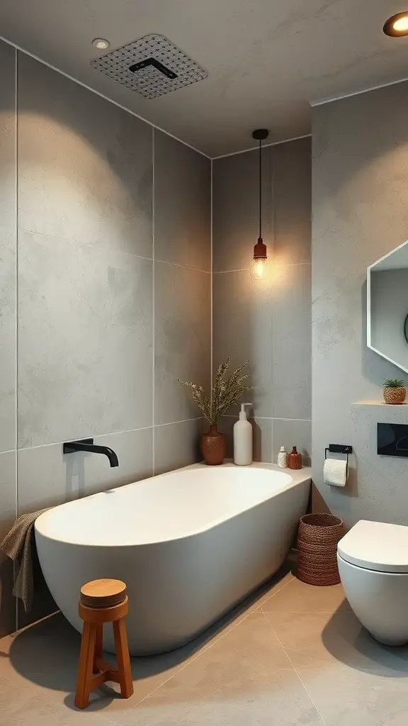 A modern bathroom featuring concrete walls, a round mirror, and minimalist decor.